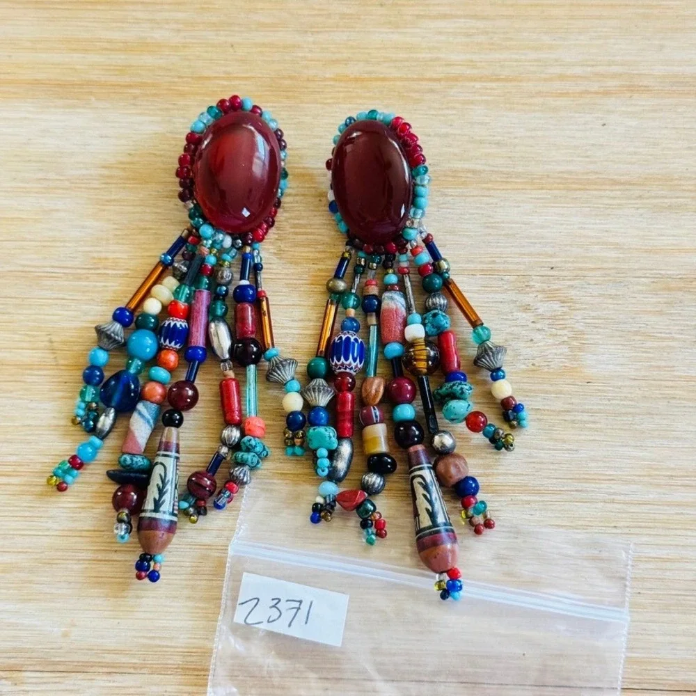 VTG BOHO Earrings Glass Agate Beaded Dangle Statement Waterfall Pierced Runway